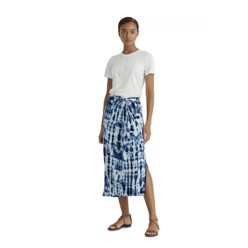 Ralph Lauren Womens XL Navy Gathered Tie Dye Midi A-Line Skirt Linen Blend NEW
